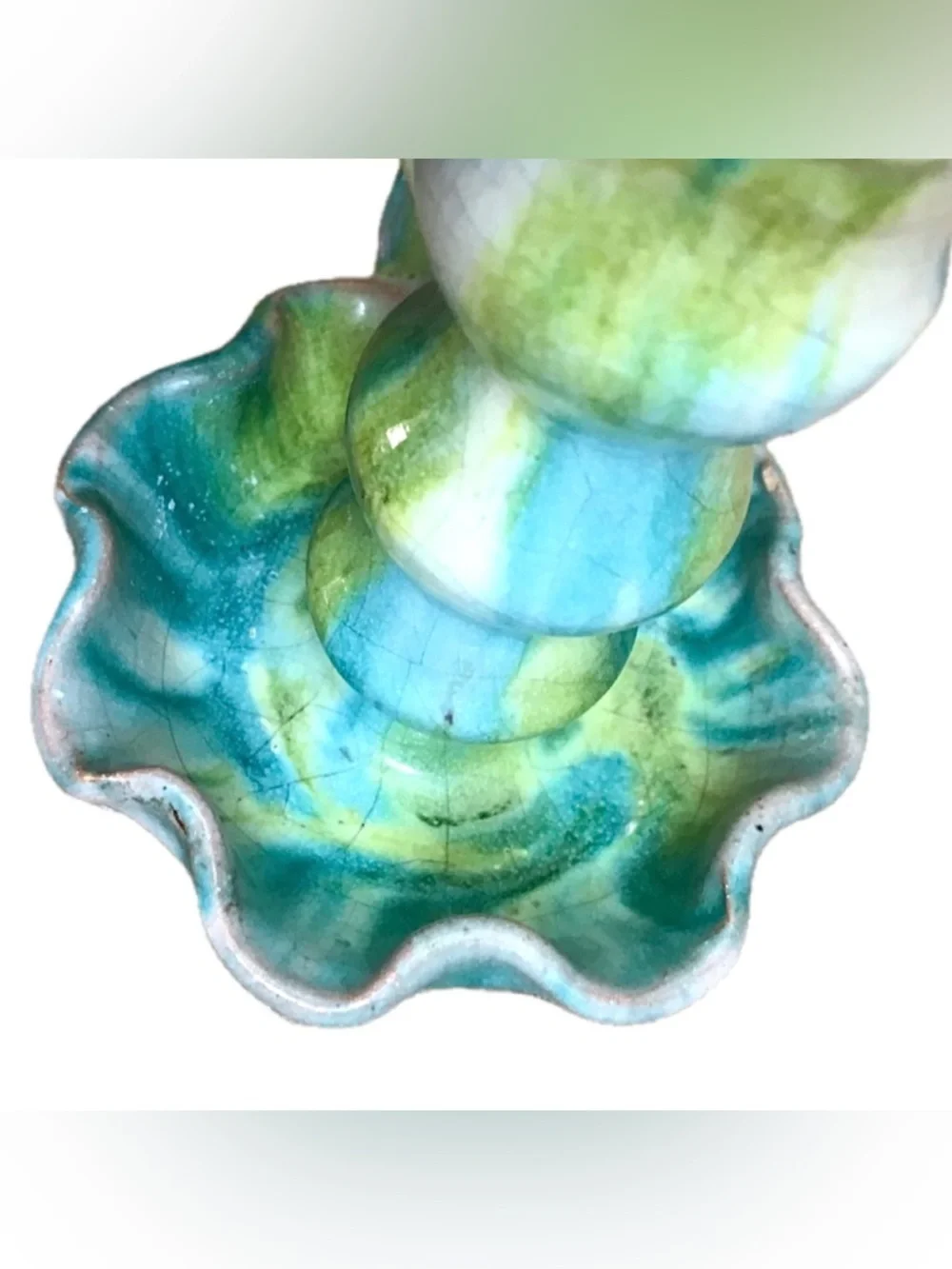 Vintage Williamsburg Pottery Blue Green Twist Chamberstick Taper Candle Holder